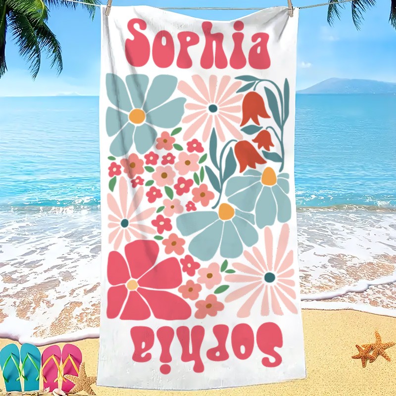 Personalized Floral Quick Dry Oversized Beach Towel with Name Summer Vacation Pool Party Gifts for Kid