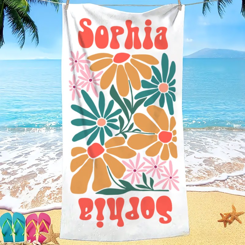 Personalized Orange Floral Quick Dry Oversized Beach Towel with Name Summer Vacation Pool Party Gifts for Kid