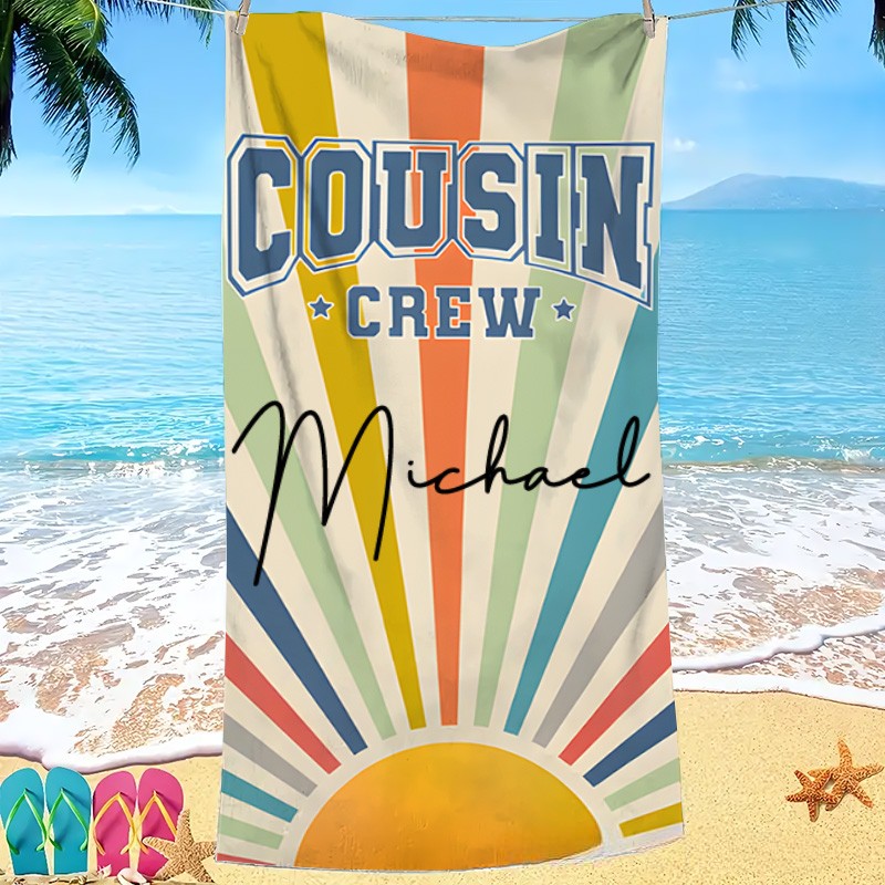 Personalized Cousin Crew Vintage Sunray Kids Beach Towel with Name Beach Party Travel Gift