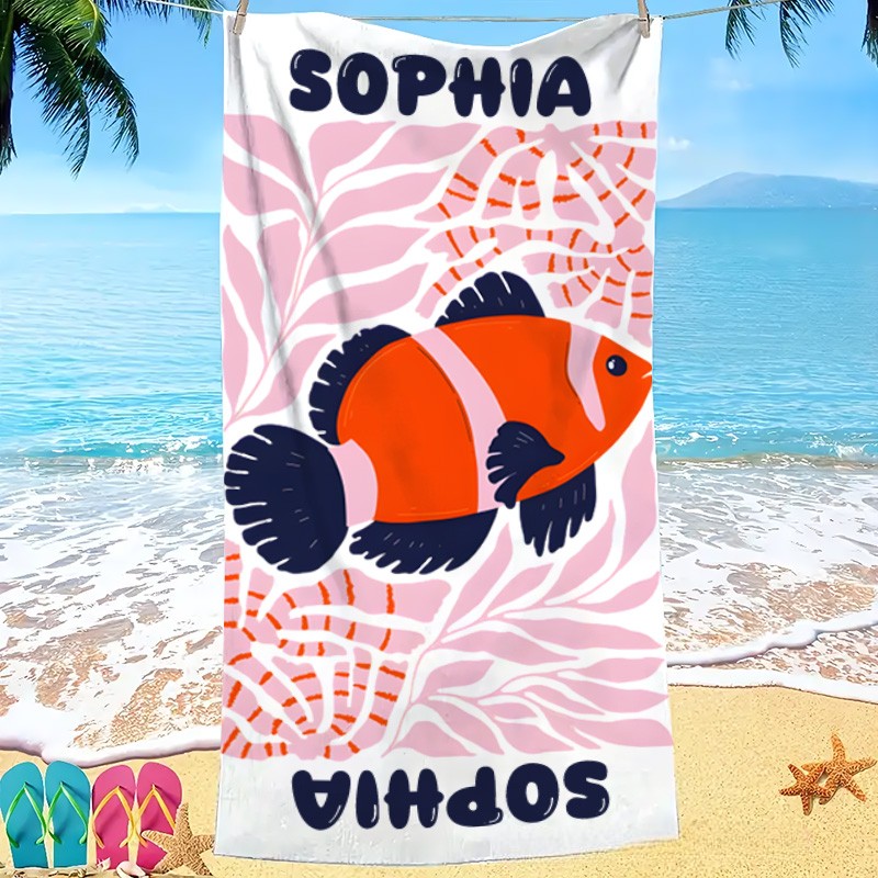 Personalized Red Fish Marine Life Art Illustration Kids Beach Towel with Name Summer Vacation Travel Gift for Kids