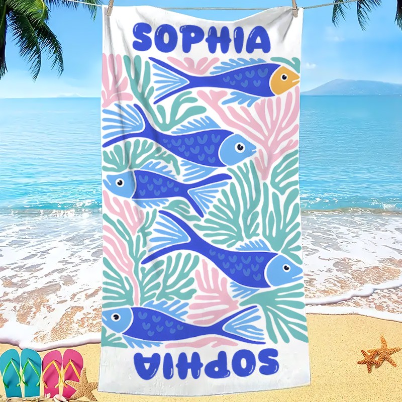 Personalized Fish Marine Life Art Illustration Kids Beach Towel with Name Summer Vacation Travel Gift for Kids