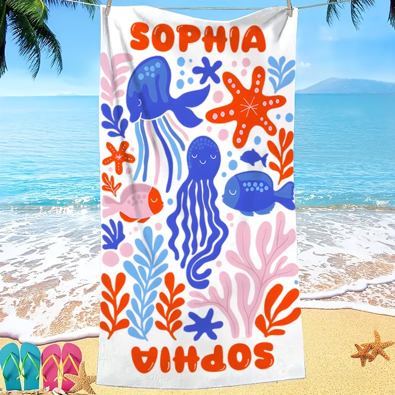 Personalized Marine Life Art Illustration Kids Beach Towel with Name Summer Vacation Travel Gift for Kids
