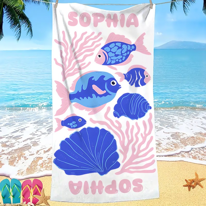 Personalized Fish Life Art Illustration Kids Beach Towel with Name Summer Vacation Travel Gift for Kids
