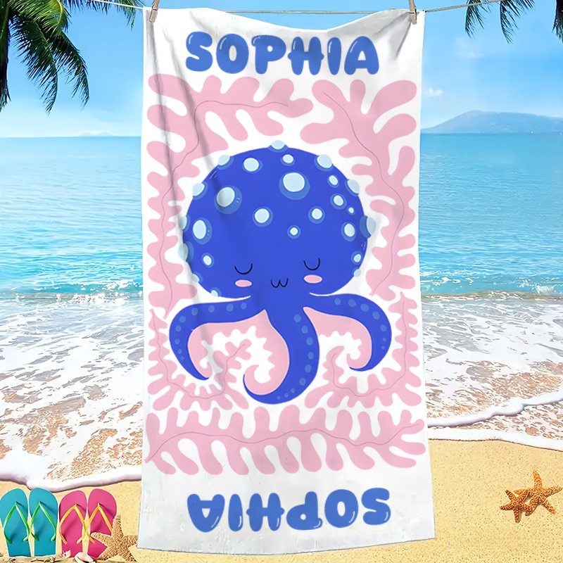 Personalized Octopus Life Art Illustration Kids Beach Towel with Name Summer Vacation Travel Gift for Kids