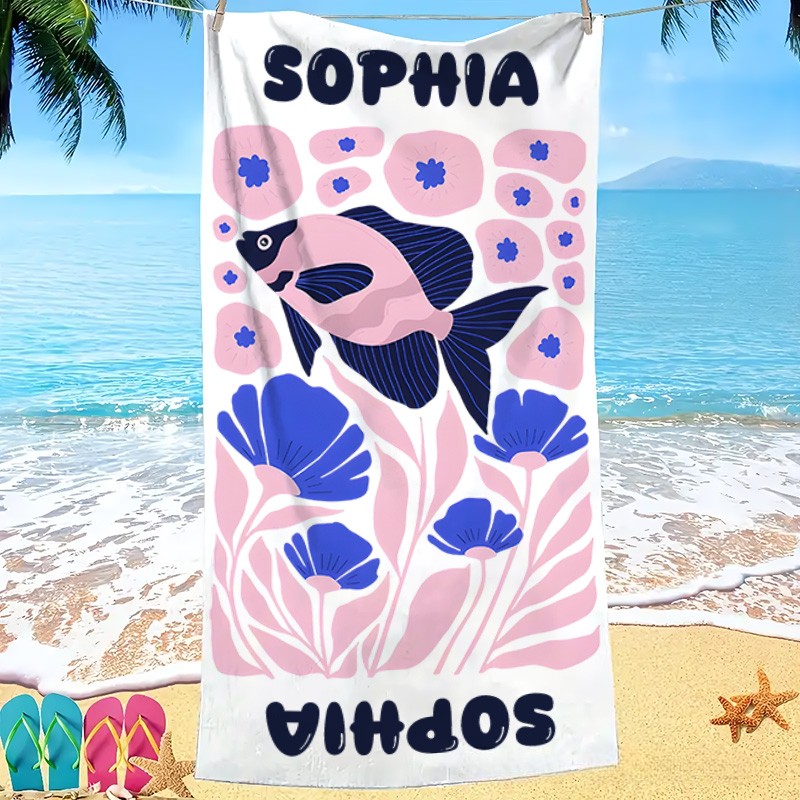 Personalized Pink Fish Life Art Illustration Kids Beach Towel with Name Summer Vacation Travel Gift for Kids