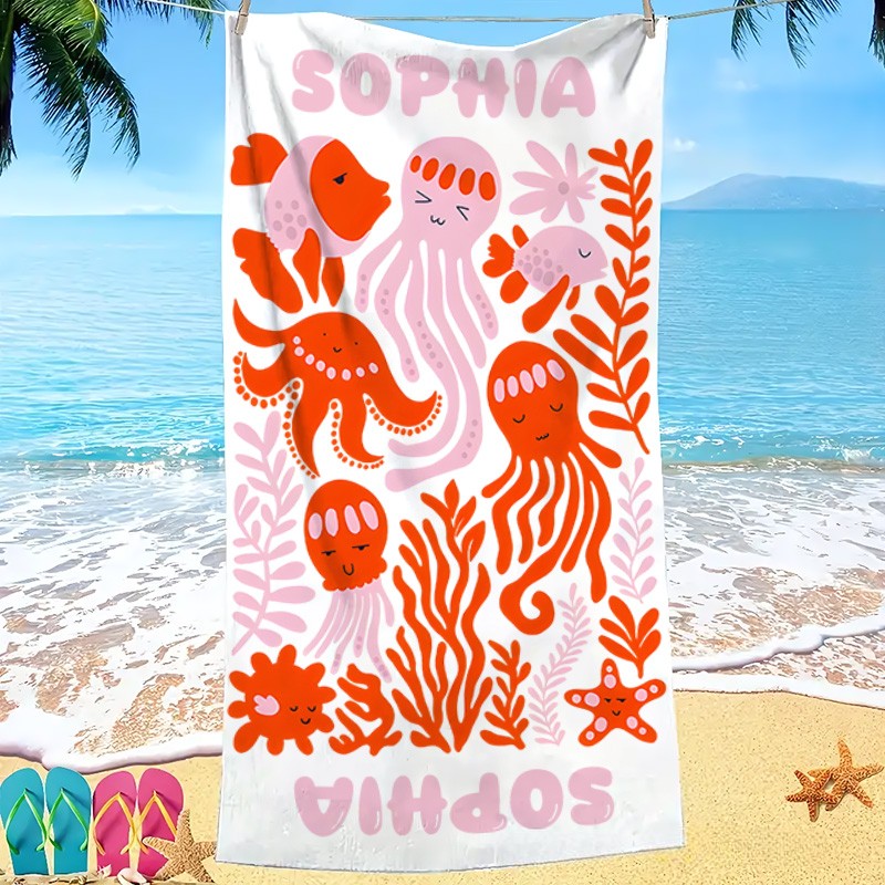 Personalized Pink Octopus Life Art Illustration Kids Beach Towel with Name Summer Vacation Travel Gift for Kids