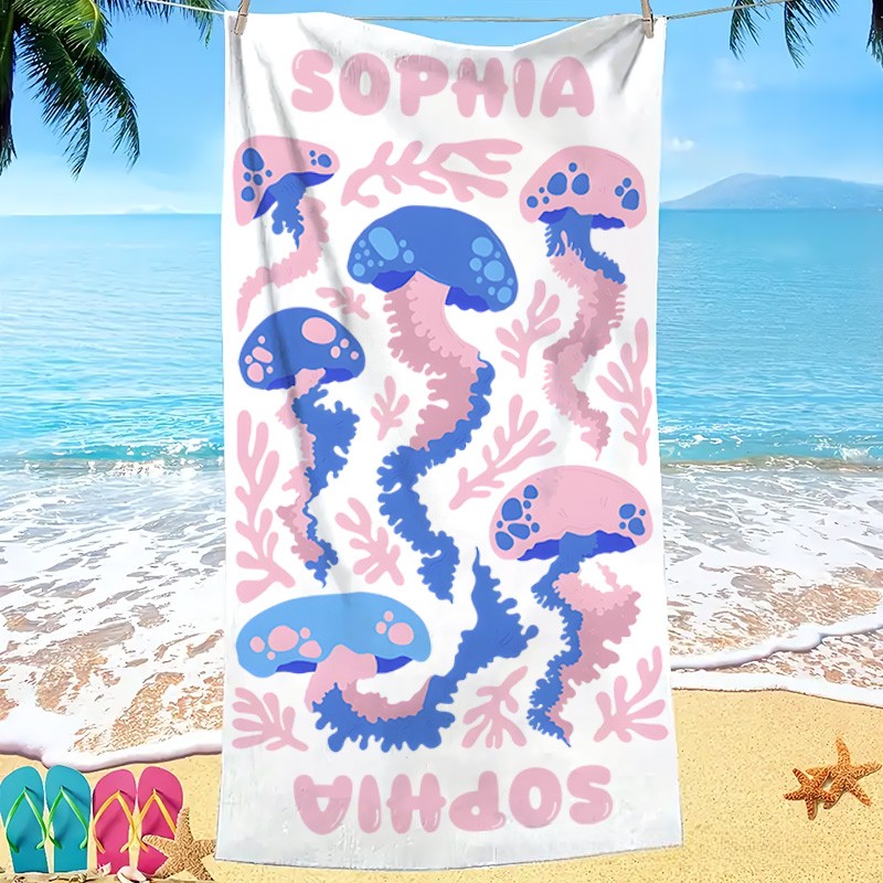 Personalized Jellyfish Life Art Illustration Kids Beach Towel with Name Summer Vacation Travel Gift for Kids