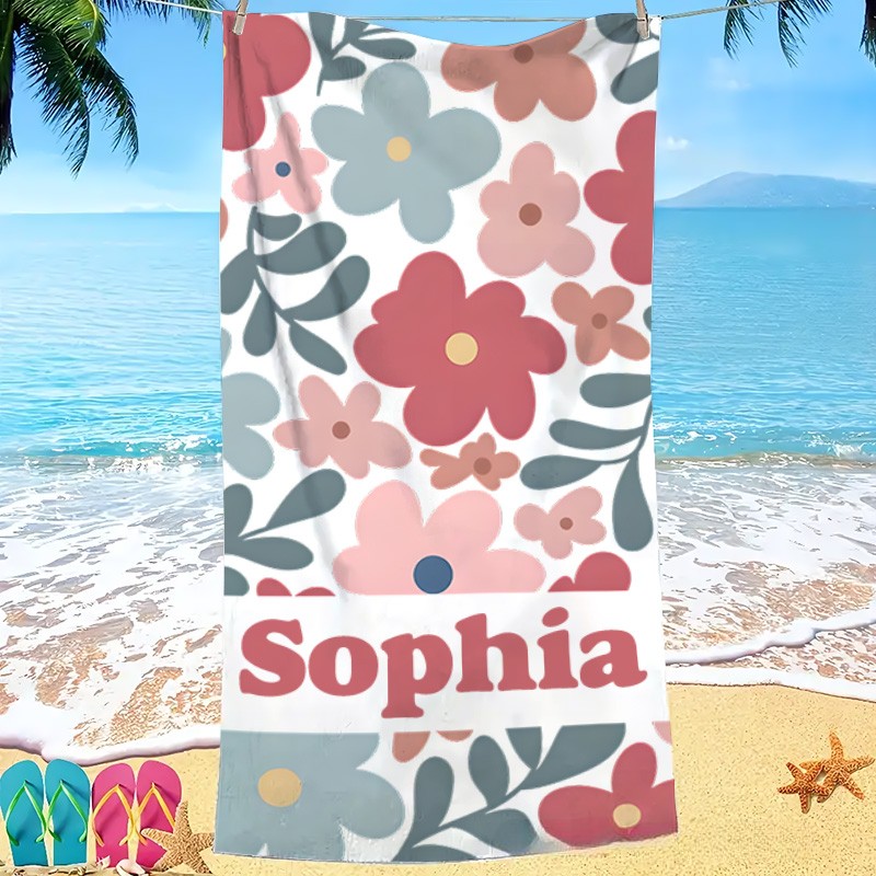 Personalized Red Danish Flower Kids Beach Towel with Name Beach Party Travel Birthday Gift for Kids