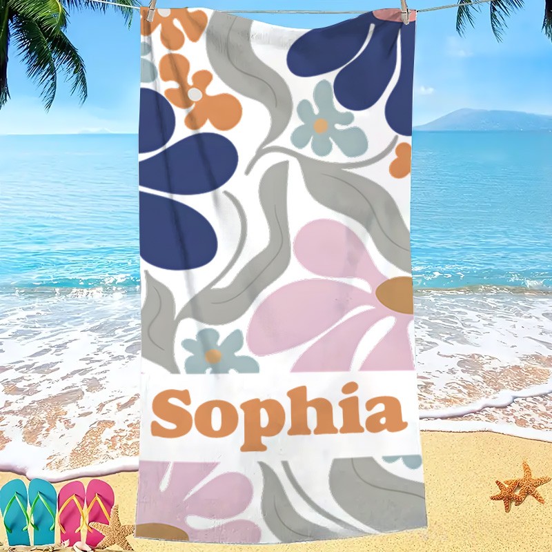 Personalized Navy Danish Flower Kids Beach Towel with Name Beach Party Travel Birthday Gift for Kids