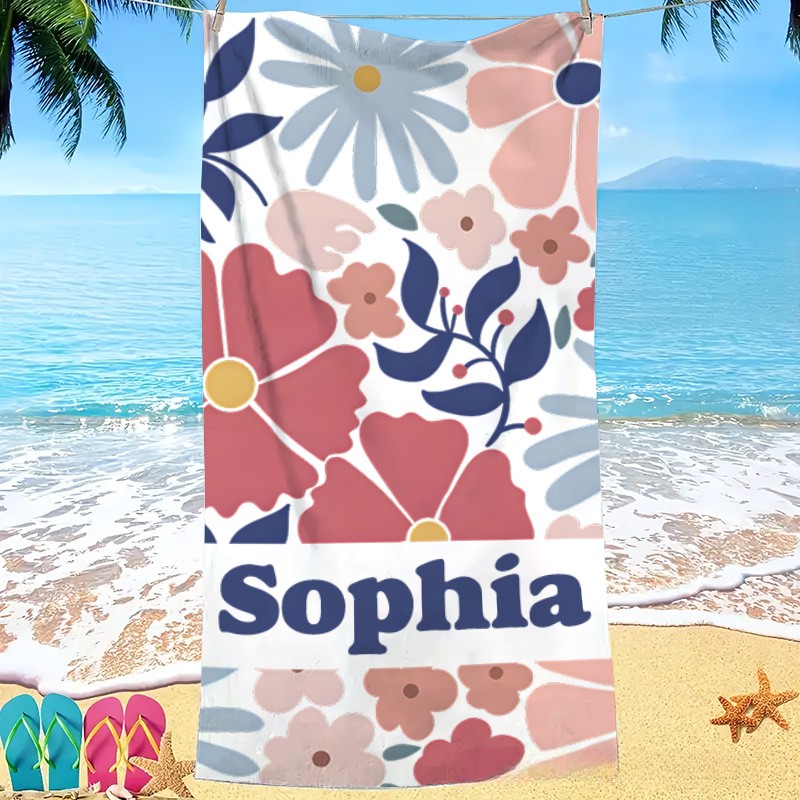 Personalized Pink Danish Flower Kids Beach Towel with Name Beach Party Travel Birthday Gift for Kids