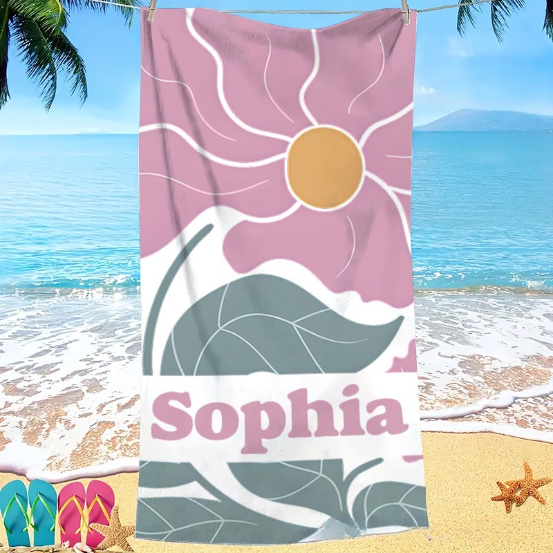 Personalized Purple Danish Flower Kids Beach Towel with Name Beach Party Travel Birthday Gift for Kids