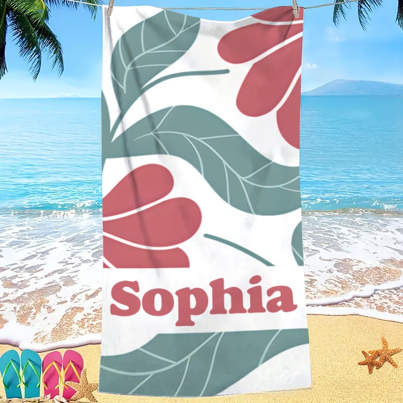 Personalized Red Danish Flower Kids Beach Towel with Name Beach Party Travel Birthday Gift for Kid