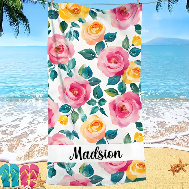 Personalized Pink Watercolor Floral Stripe Kids Beach Towel with Name Beach Party Summer Vacation Gift for Kids