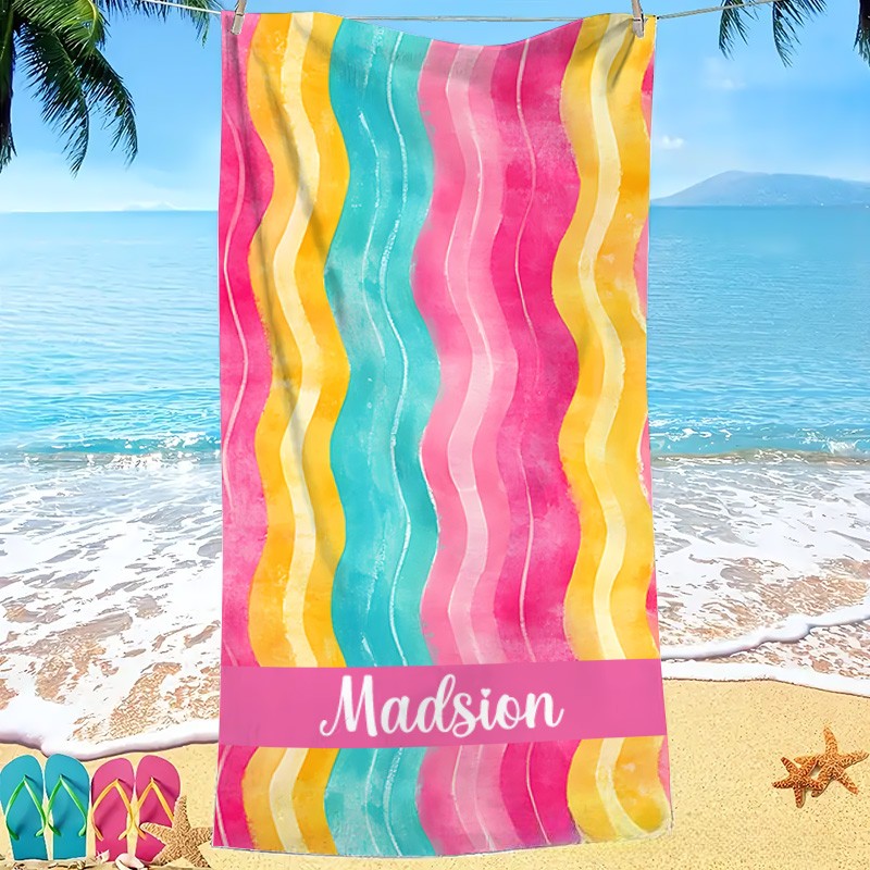 Personalized Watercolor Floral Pink and Yellow Stripe Kids Beach Towel with Name Beach Party Summer Vacation Gift for Kids