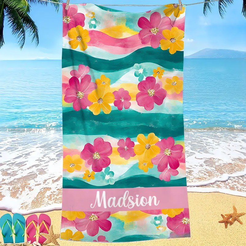 Personalized Pink and Yellow Watercolor Floral  Stripe Kids Beach Towel with Name Beach Party Summer Vacation Gift for Kids