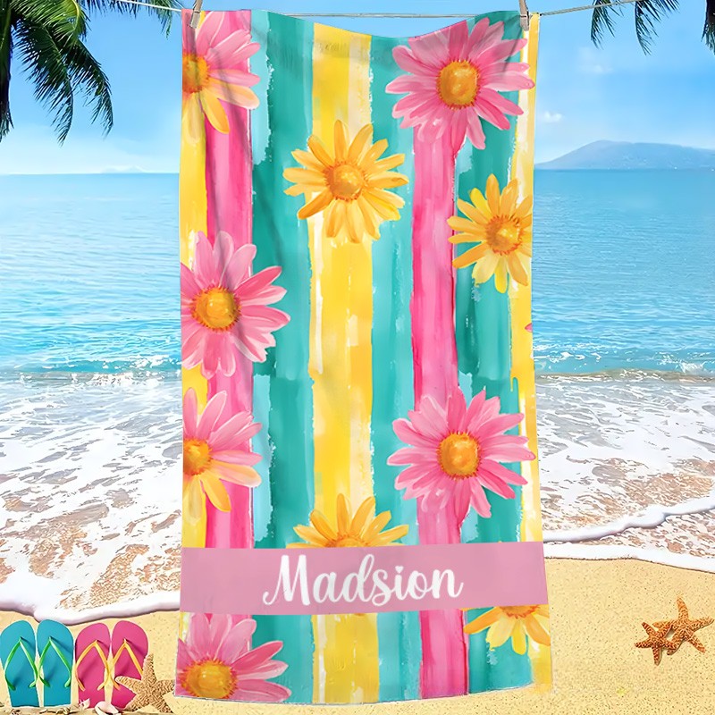 Personalized Floral  Stripe Kids Beach Towel with Name Beach Party Summer Vacation Gifts for Kids