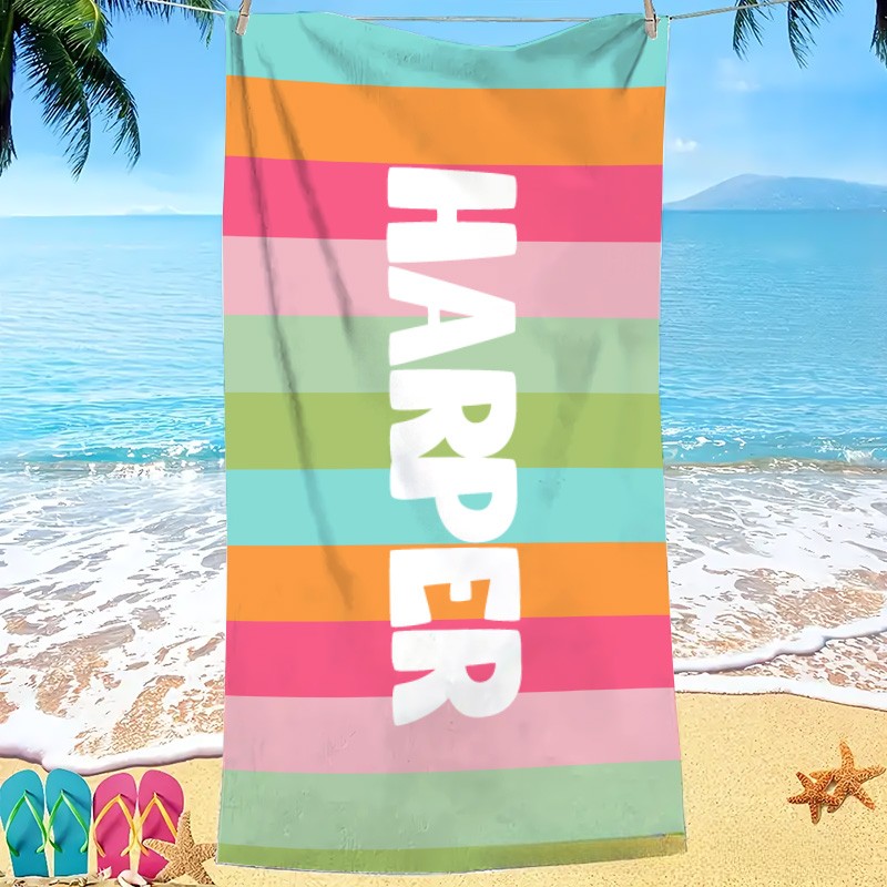 Personalized Colorful Stripe Kids Beach Towel with Name Travel Essentials Summer Holiday Party Gift for Kids