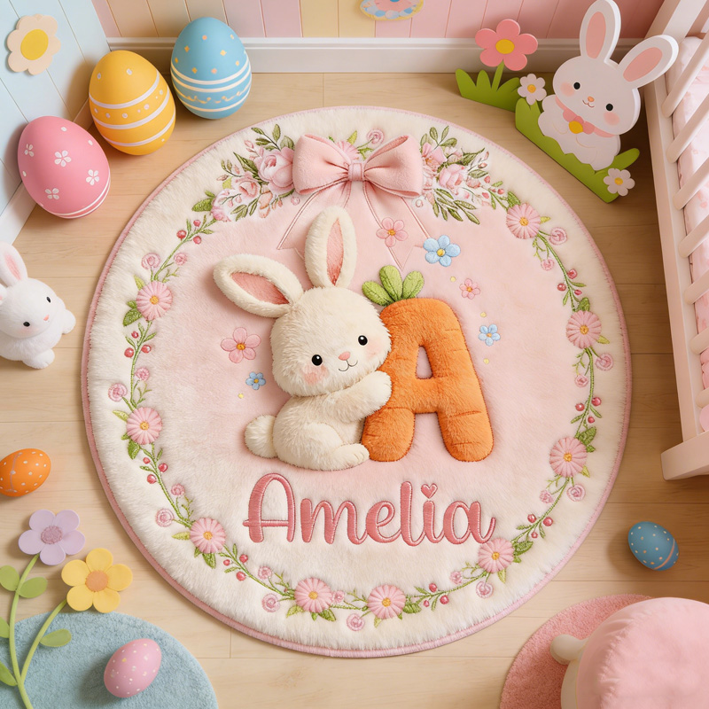 Personalized Bunny Theme Custom Name Floral Nursery Cute Kids Room Play Mat Carpet Rug Easter Gift