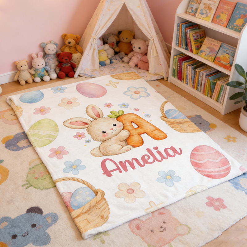 Personalized Bunny Theme Custom Name Initial Easter Gift Soft Kids Nursery Cozy Blanket