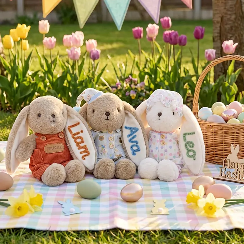 Personalized Easter Bunny Plush Custom Name Embroidered Rabbit Doll 6 Outfit Styles Easter Gift for Kids Easter Basket Gift Bunny Keepsake