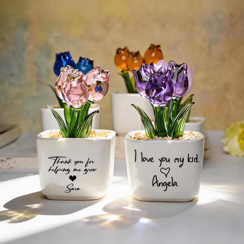 Personalized Glass Everlasting Tulips Flower Gift Hand Blown Glass Potted Best Gifts for Her