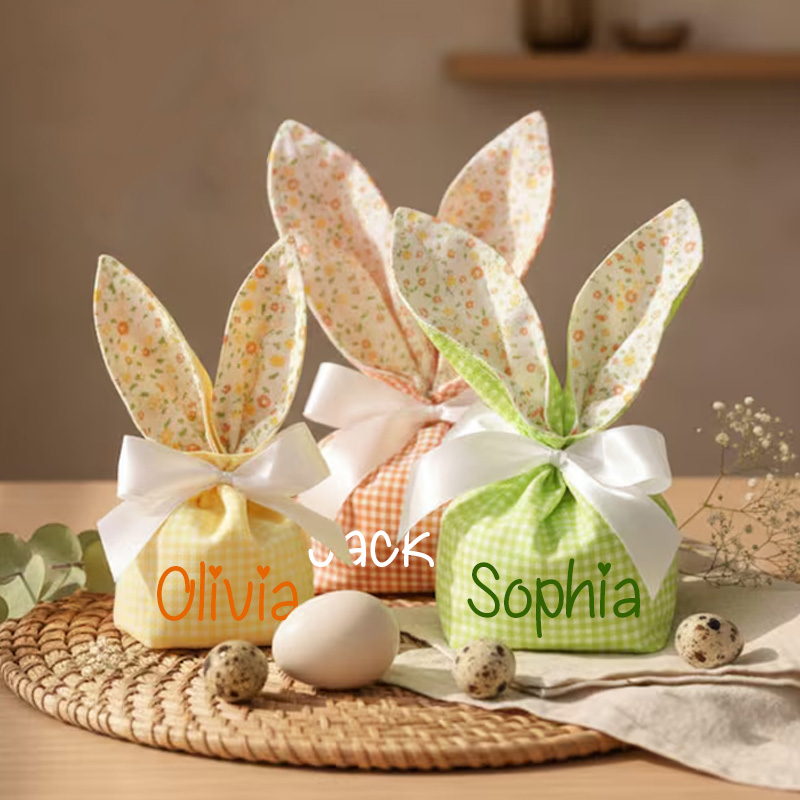 Personalized Easter Theme Custom Name Cute Reusable Fabric Gift Pouches Kids Party Bunny Ear Treat Bags