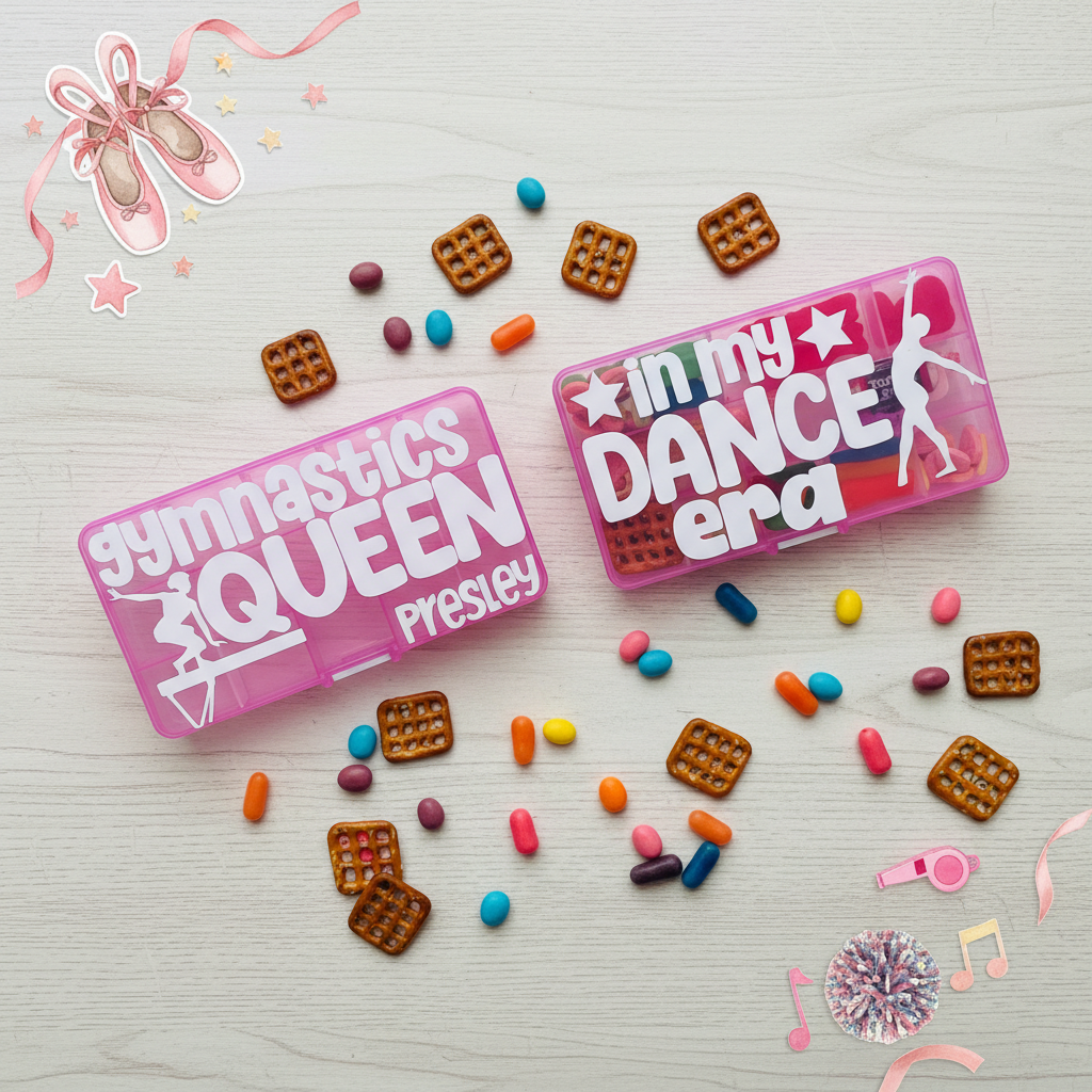 Personalized Dance Gymnastics Cheer Snack Box 3 Sizes Custom Plastic Divided Treat Case Kids Recital Competition Fuel Organizer