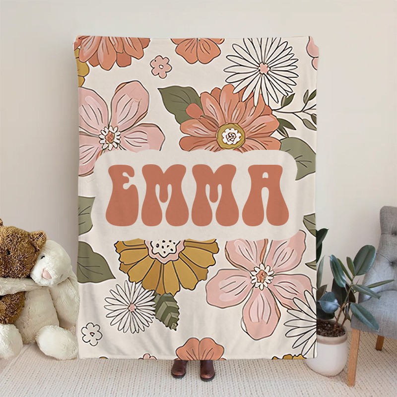 Personalized Kids Flower Retro Blanket with Name Gift Daughter Teen Girl