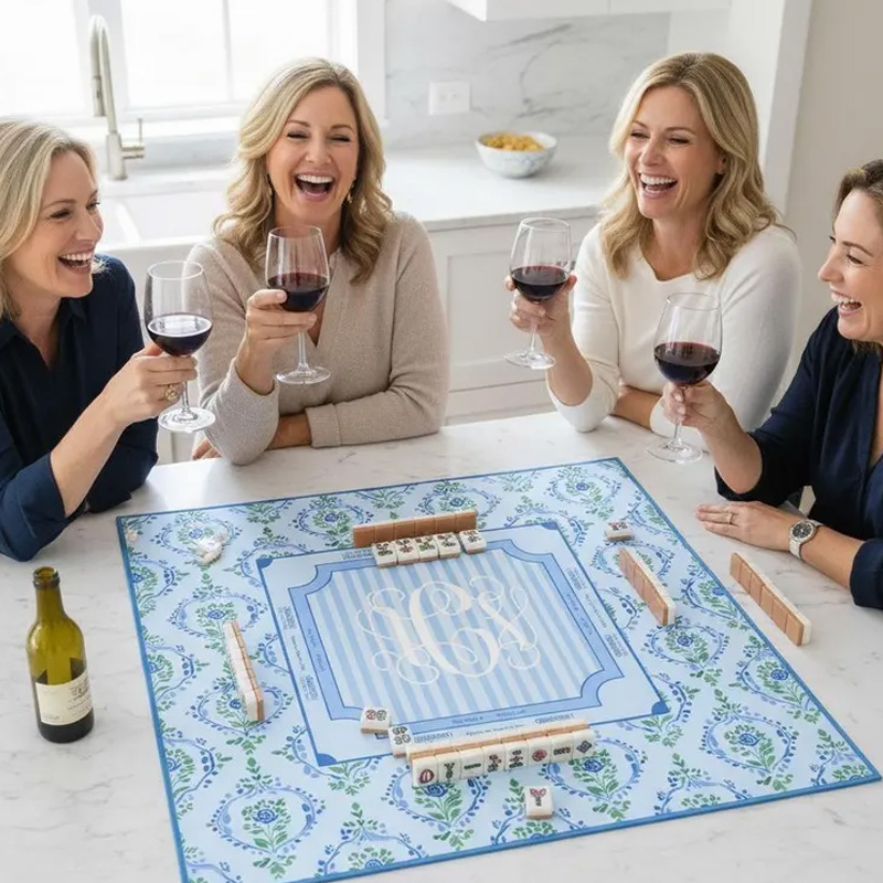 Personalized Blue Floral Pattern Monogrammed Waterproof Non Slip Table Protector Party Gift Mahjong Mat