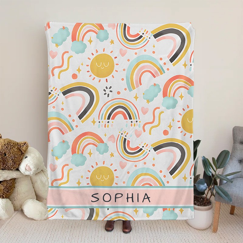 Personalized Kids Whimsical Colorful Rainbow Heart Name Blanket Birthday Children's Day Gift
