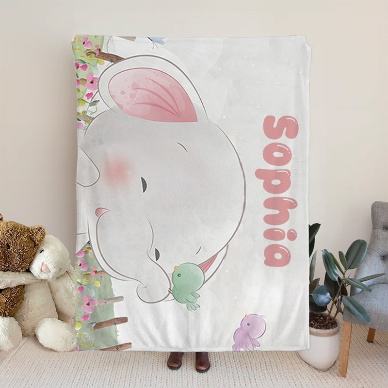 Personalized Kids Blanket Elephant with Birds Blush Floral Birthday Children's Day Gift