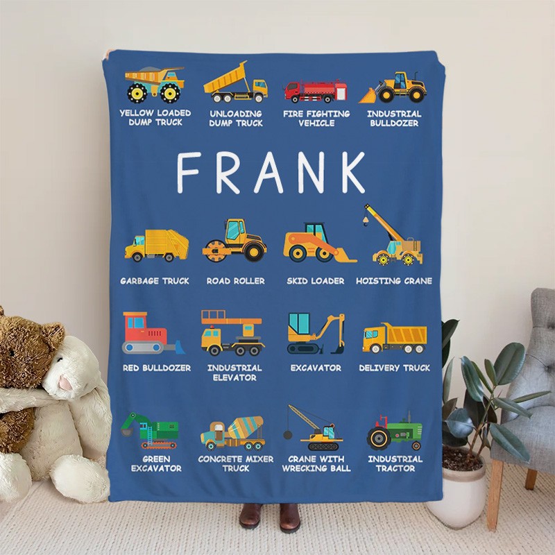 Personalized Work Vehicles Construction Trucks Kids Blanket with Name for Boys Girls Truck Lover Couch Sofa Bed Decor Birthday Children's Day Gift