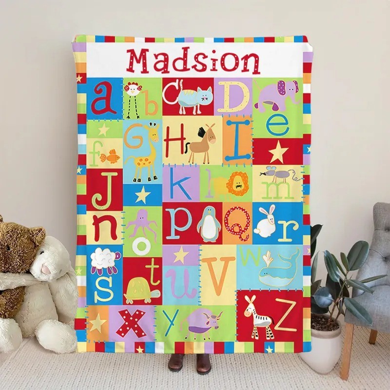 Personalized Cartoon Animal Alphabet Color Block Stitching Soft Throw Blanket with Name Home Decor Birthday Gift for Kids