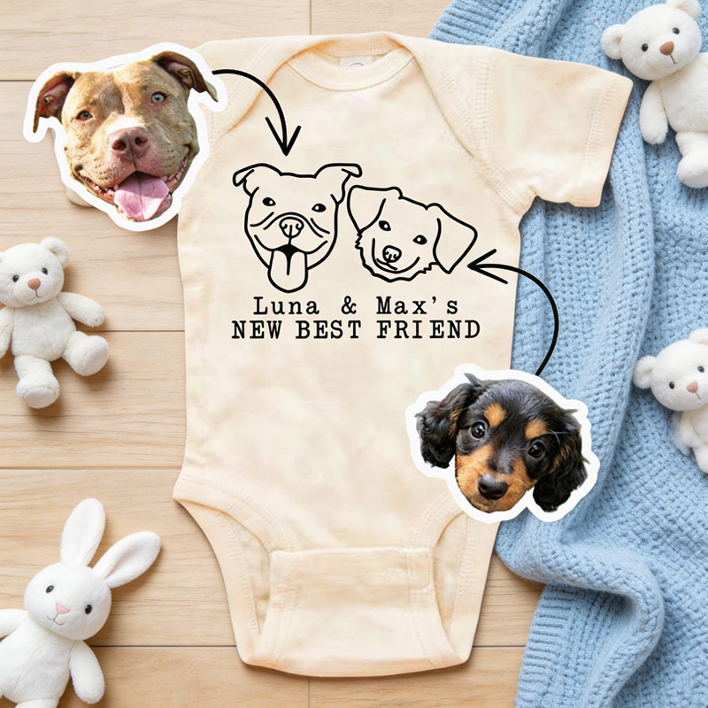 Personalized Pet Photo Best Friends Theme Custom Face and Name Puppy Outline Unique Family Outfit Baby Bodysuit