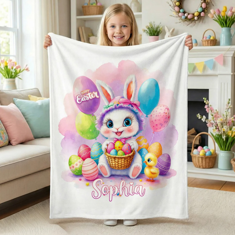 Personalized Happy Easter Cute Bunny Chick Balloon Soft Throw Blanket with Name Home Decor Easter Gift for Kids