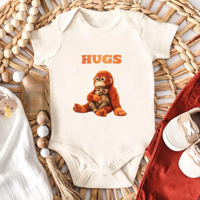 Personalized Cute Sitting Monkey with Hugs Text Custom Name Soft Cotton Newborn Gift Outfit Punch Monkey Baby Bodysuit