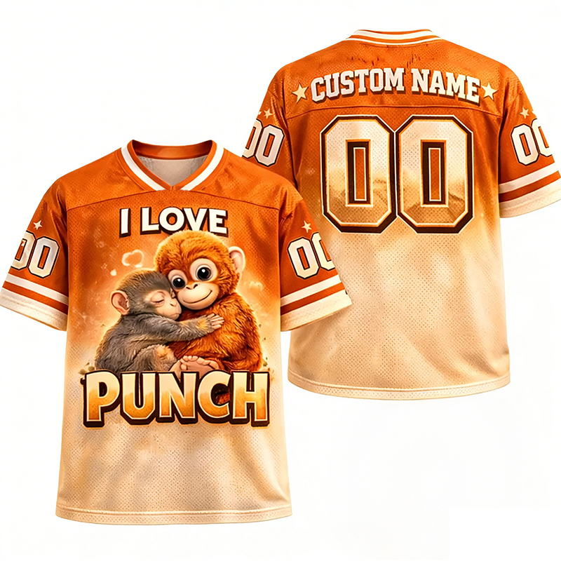 Personalized "I Love Punch" Monkey Hug Mesh Football Jersey Custom Name & Number Personalized Monkey Game Day Shirt