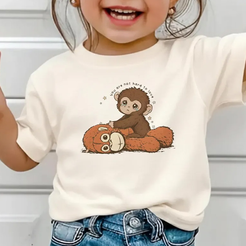 Cute Baby Monkey Sitting on Plush Friend Soft Cotton Outfit Gift Punch Monkey Kid T Shirt
