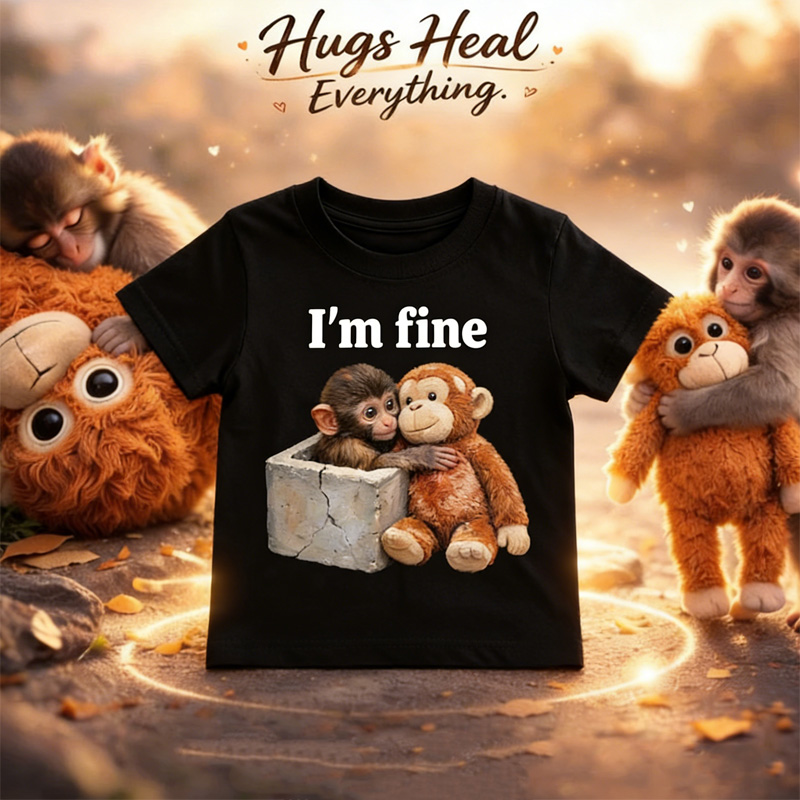 Personalized I'm Fine Caring Monkey with Box Custom Name Soft Cotton Comfort Gift Outfit Punch Monkey Kid T Shirt