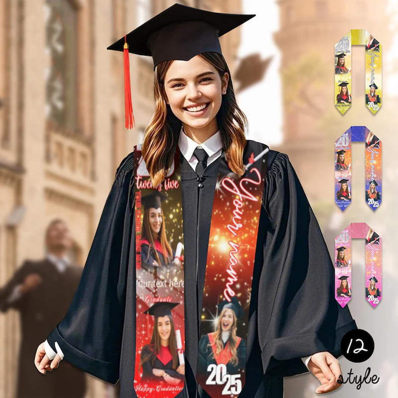 Personalized Custom Photo Name School Year Memory Collage Unique Senior Gift Colorful Satin Scarf Graduation Stole