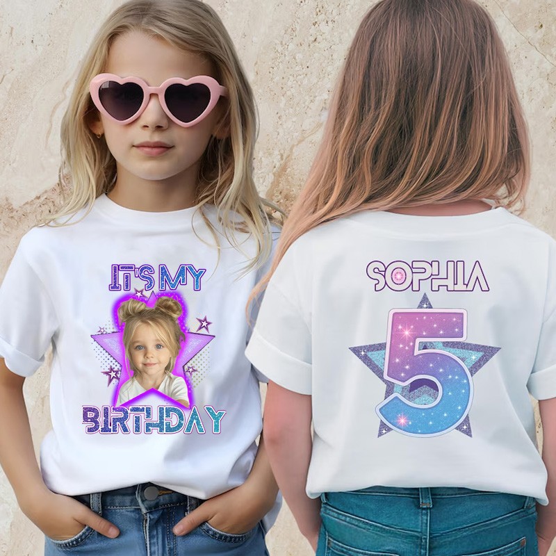 Personalized Birthday Celebration Kids T-Shirt with Bold Photo Design and Name for a Special Day