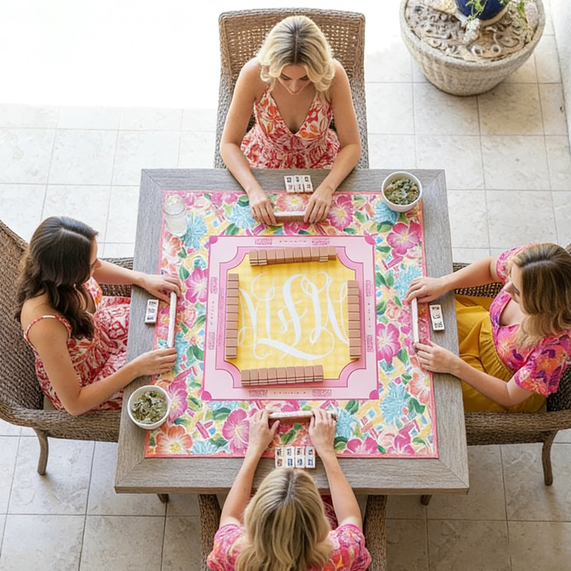 Personalized Monogram Initial Custom Name Bright Pink Tropical Floral Pattern Durable Table Protector Mahjong Mat
