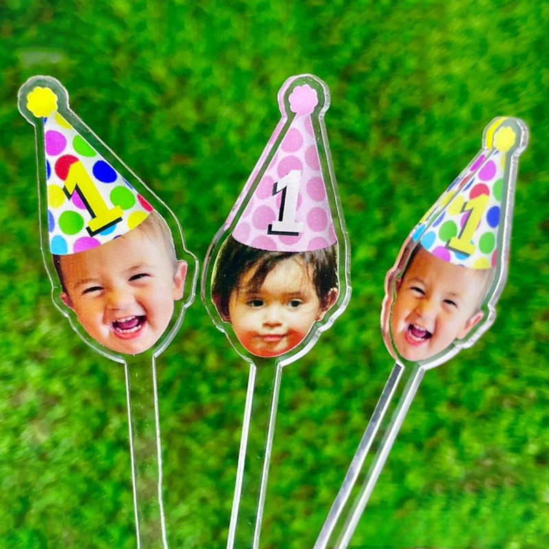 Personalized Face Drink Stir Sticks Print Your Baby Face Party Hat First Birthday Gifts