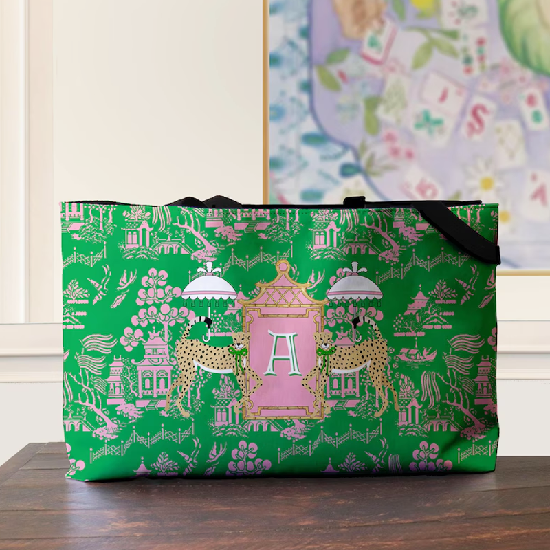 Personalized Mahjong Tote Bag Large Travel Bag Monogram Personalized Letter Initial Dice Toile Chinoiserie Leopards Mahjong Gift