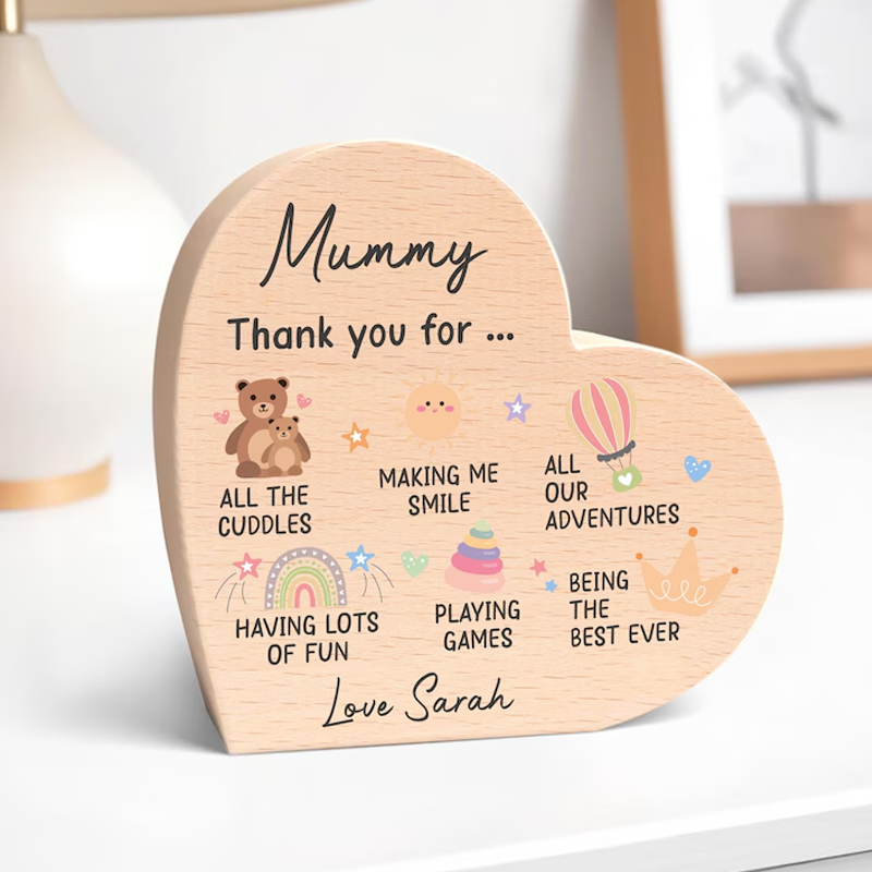 Personalised Mummy Gifts From Baby Son Daughter Custom Wood Heart With Grey Bag Lovely First Mothers Day Gift