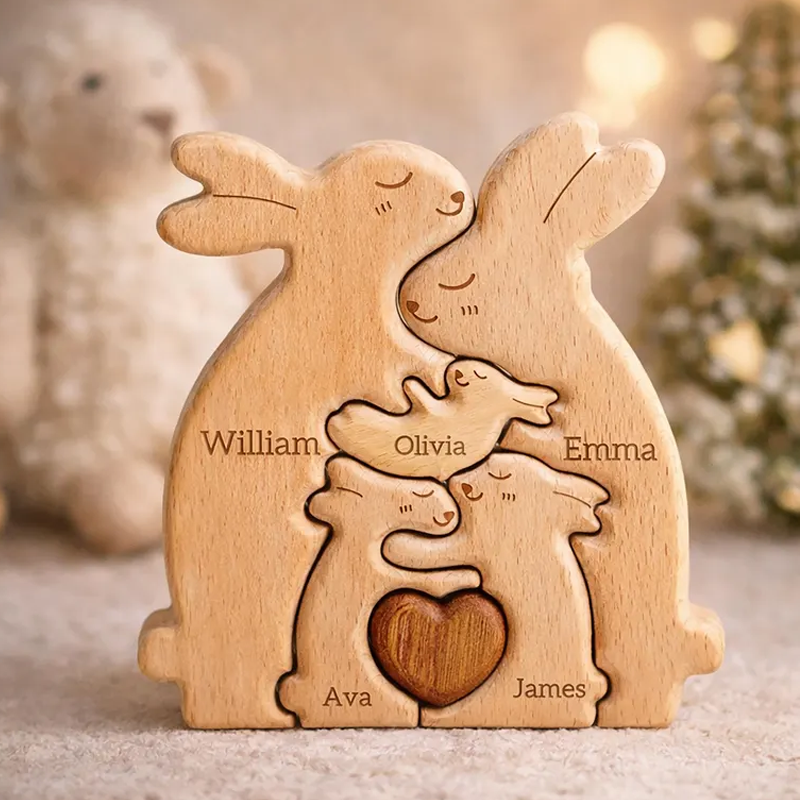 Personalized Wooden Rabbit Family Puzzle Custom Name Engraved Bunny Decor Wood Nursery Keepsake Nursery Room Decor Kids Birthday Gift