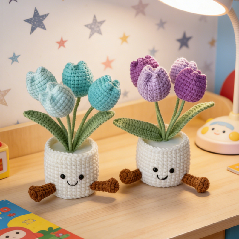 Handmade Crochet Tulip Flower Pot Pink Purple Orange or Blue Cute Gift for Her Girlfriend Friend Colleague Crochet Rose Bouquet