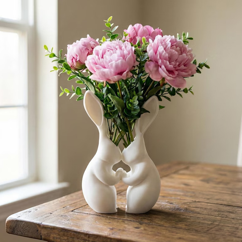 Cute Bunny Couple Holding Hands Spring Easter Tulip Floral Centerpiece Home Decor 3D Printed Vase