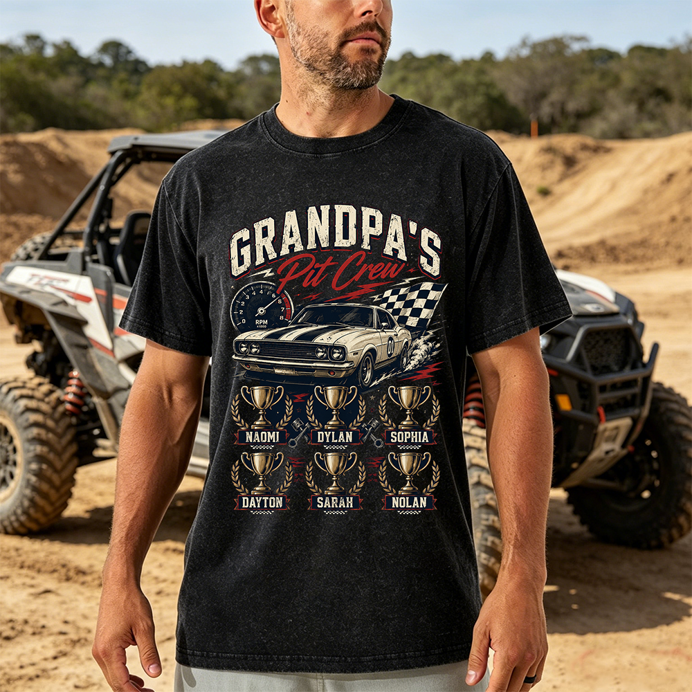 Personalized Grandpa's Pit Crew T-Shirt, Custom Vintage Race Car Shirt with Grandkids Names, Retro Racing Tee for Car-Loving Grandfathers, Fathers Day Gift