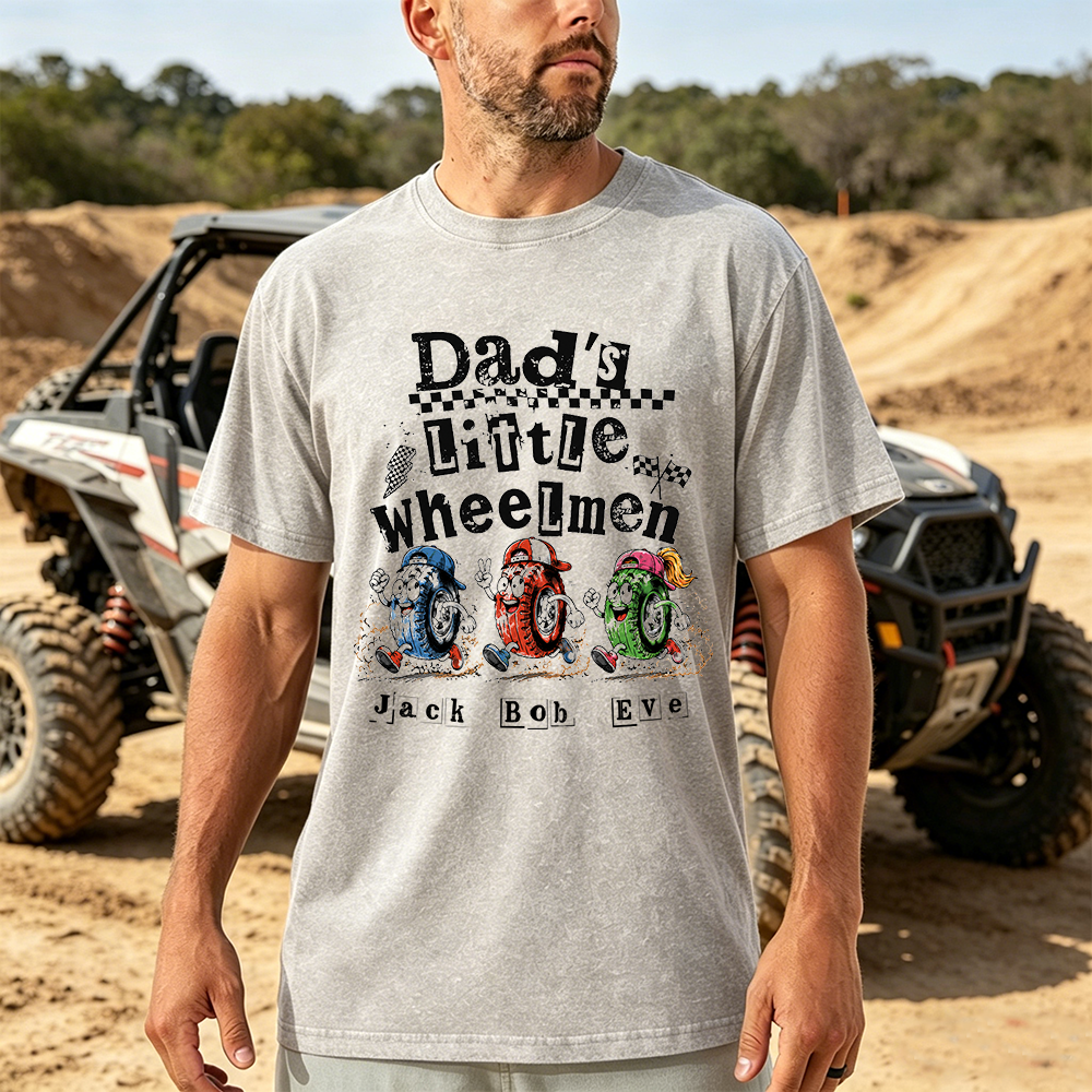 Personalized Dad's Little Wheelmen T-Shirt, Custom Kid Names Tire Characters Racing Dad Tee